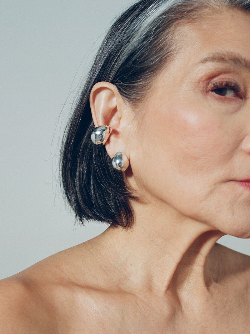 FARIS SUMO Stud in sterling silver worn on model, styled with BOTERO Ear Cuff in sterling silver