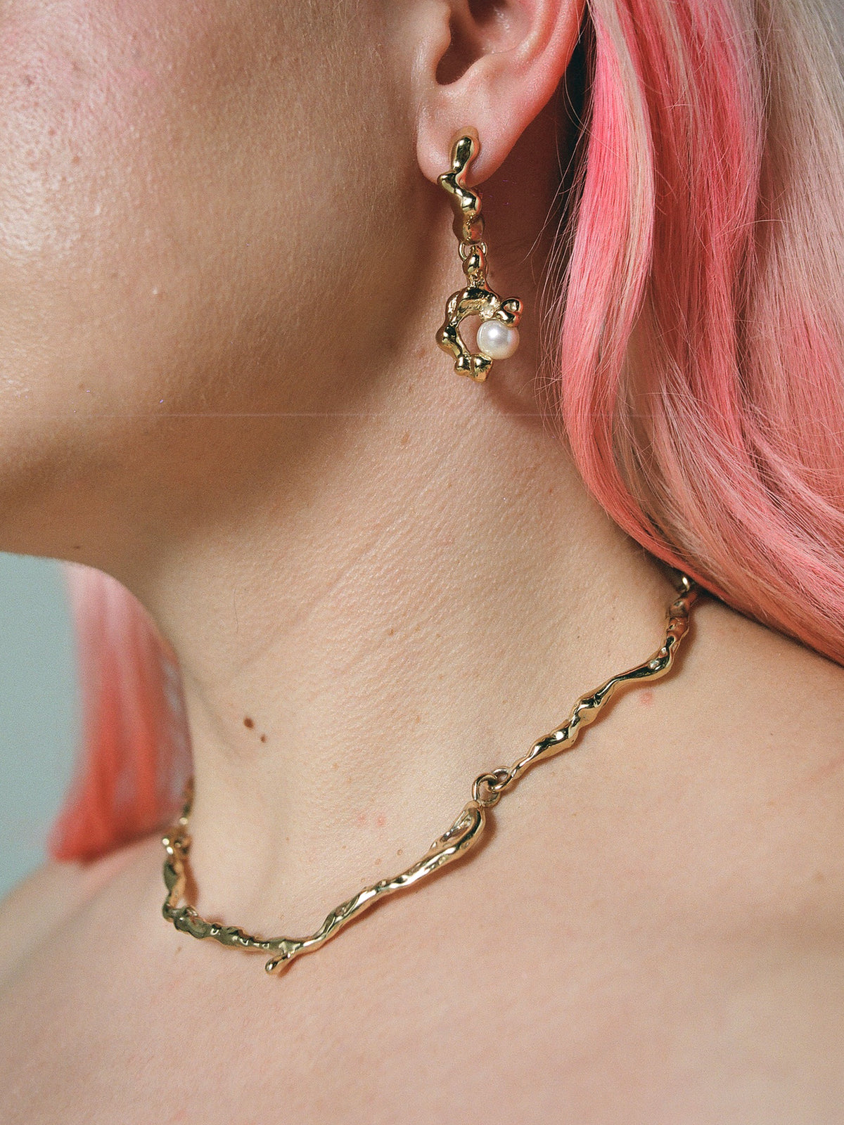 DRIP Collar and FELLINI Drops in 14k gold plate on model