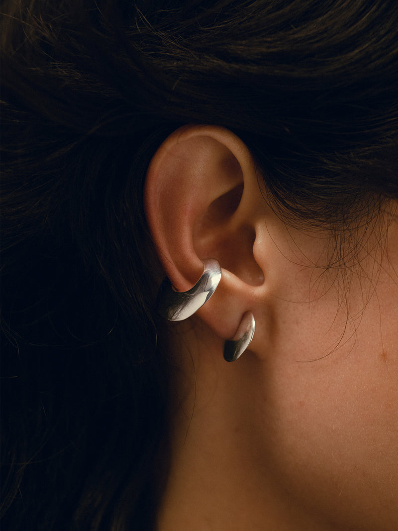 SAUCER ear cuff and SAUCER hoop mini in sterling silver on model