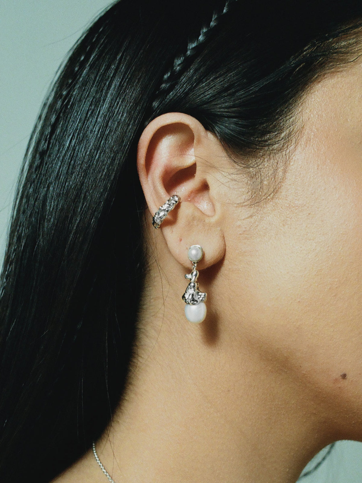 FARIS SOPHIA Drop Earrings in sterling silver shown on model, styled with ROCA Ear Cuff in sterling silver