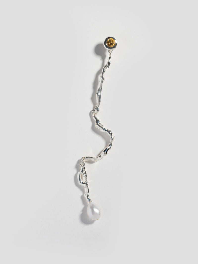 Sterling silver earring with 7mm diamond cut citrine fitted to bezel on top and a freshwater pearl attached to the bottom